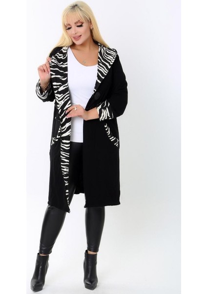 Kapüşonlu Cep Kol Ucu ve Kapüşonu Zebra Desenli Devrik Yaka Cepli Uzun Hırka modelleri