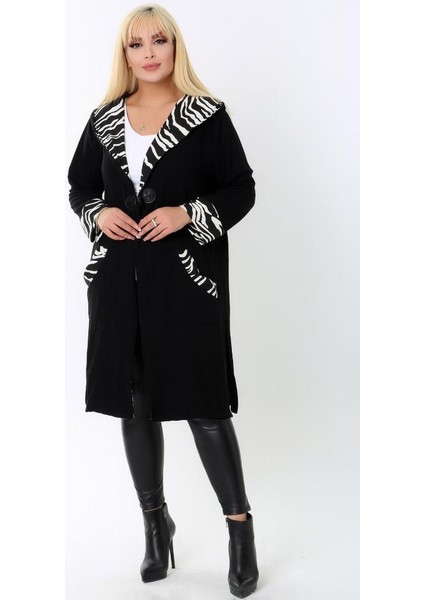 Kapüşonlu Cep Kol Ucu ve Kapüşonu Zebra Desenli Devrik Yaka Cepli Uzun Hırka indirimleri