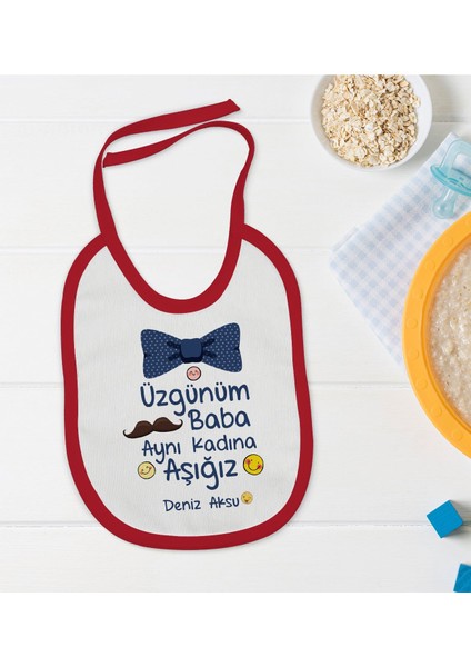 Kids Kişiye Özel Aynı Kadına Aşığız Tasarımlı Kırmızı Bebek Mama Önlüğü-1