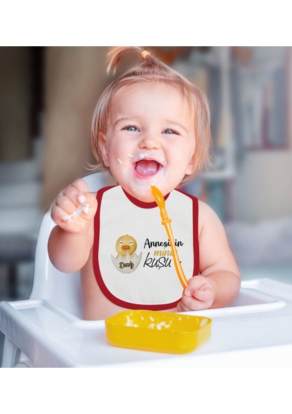 Kids Kişiye Özel Annesinin Minik Kuşu Tasarımlı Kırmızı Bebek Mama Önlüğü-1 fiyatları