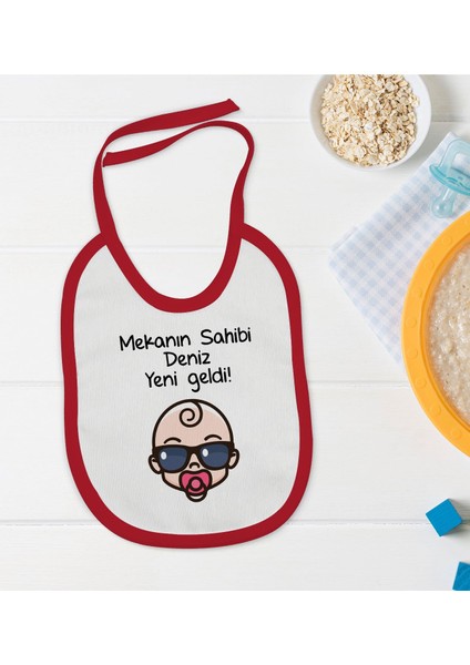 Kids Kişiye Özel Mekanın Sahibi Yeni Geldi Tasarımlı Kırmızı Bebek Mama Önlüğü-1