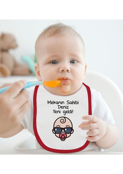 Kids Kişiye Özel Mekanın Sahibi Yeni Geldi Tasarımlı Kırmızı Bebek Mama Önlüğü-1 fiyatları