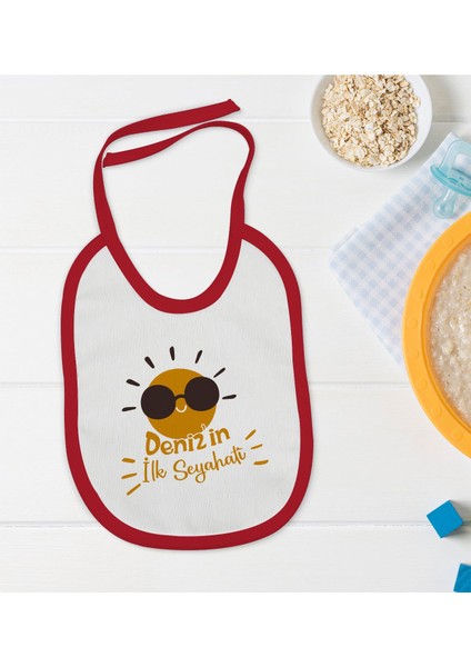 Kids Kişiye Özel Ilk Seyahat Tasarımlı Kırmızı Bebek Mama Önlüğü-1