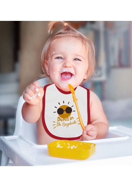 Kids Kişiye Özel Ilk Seyahat Tasarımlı Kırmızı Bebek Mama Önlüğü-1 fiyatları