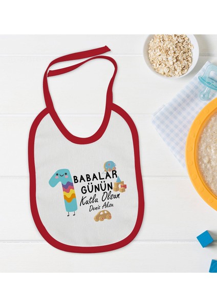 Kids Kişiye Özel Ilk Babalar Günü Tasarımlı Kırmızı Bebek Mama Önlüğü-4