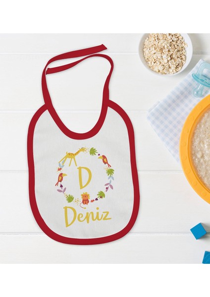Kids Kişiye Özel Harfli Isimli Tasarımlı Kırmızı Bebek Mama Önlüğü-1