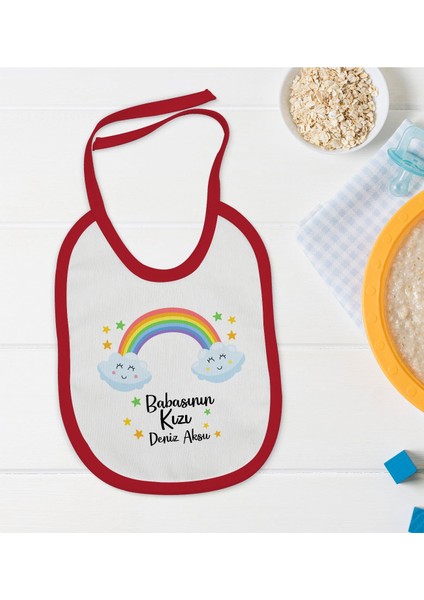 Kids Kişiye Özel Babasının Kızı Tasarımlı Kırmızı Bebek Mama Önlüğü-1