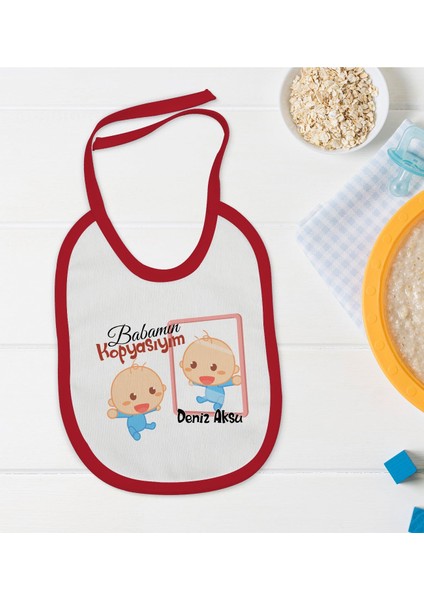 Kids Kişiye Özel Babamın Kopyasıyım Tasarımlı Kırmızı Bebek Mama Önlüğü-1