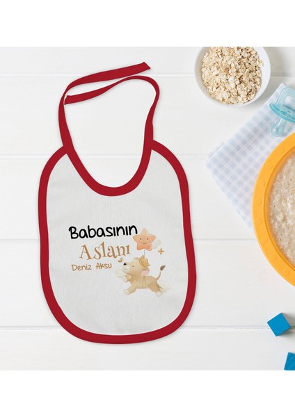 Kids Kişiye Özel Babasının Aslanı Tasarımlı Kırmızı Bebek Mama Önlüğü-1