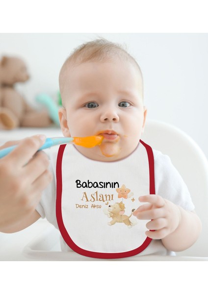 Kids Kişiye Özel Babasının Aslanı Tasarımlı Kırmızı Bebek Mama Önlüğü-1 fiyatları