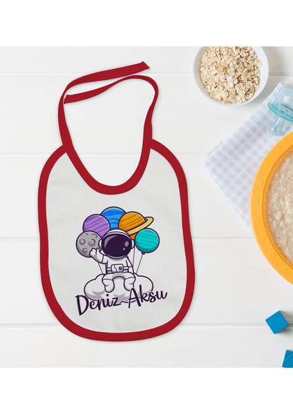 Kids Kişiye Özel Sevimli Astronot Tasarımlı Kırmızı Bebek Mama Önlüğü-2
