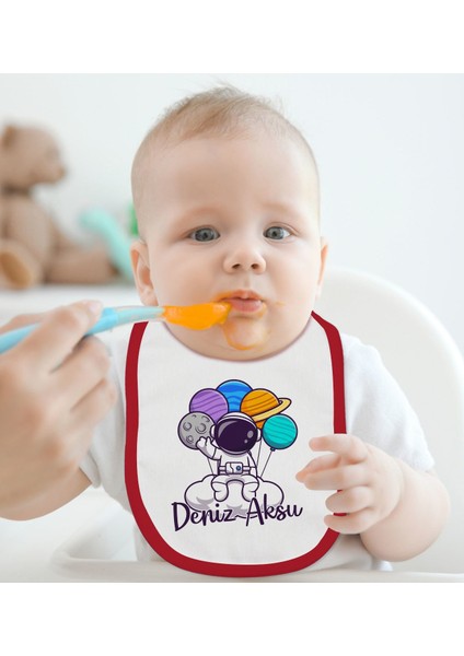 Kids Kişiye Özel Sevimli Astronot Tasarımlı Kırmızı Bebek Mama Önlüğü-2 fiyatları