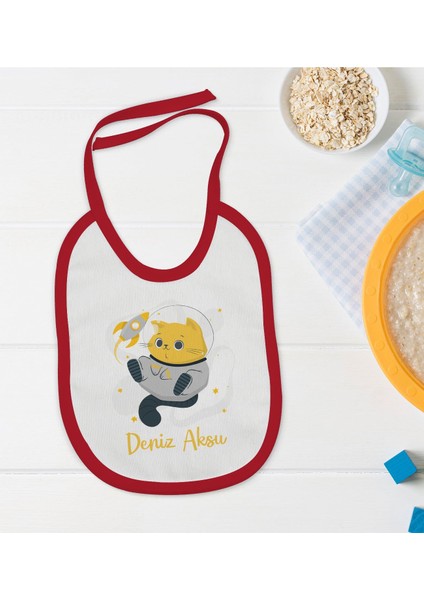Kids Kişiye Özel Sevimli Astronot Tasarımlı Kırmızı Bebek Mama Önlüğü-4