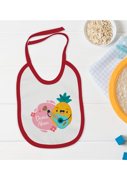Kids Kişiye Özel Sevimli Ananas Tasarımlı Kırmızı Bebek Mama Önlüğü-1
