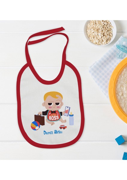 Kids Kişiye Özel Little Boss Tasarımlı Kırmızı Bebek Mama Önlüğü-1