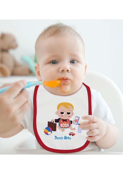 Kids Kişiye Özel Little Boss Tasarımlı Kırmızı Bebek Mama Önlüğü-1 fiyatları