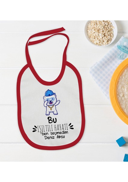 Kids Kişiye Özel Işıltılı Hayatı Ben Seçmedim Tasarımlı Kırmızı Bebek Mama Önlüğü-1