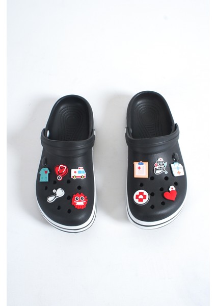 Samesa Siyah Aksesuarlı Düz Clogs Sabo Doktor Hemşire Hastane Eva Yazlık Plaj - Günlük Terlik fırsatları