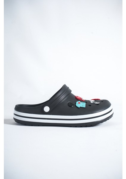 Samesa Siyah Aksesuarlı Düz Clogs Sabo Doktor Hemşire Hastane Eva Yazlık Plaj - Günlük Terlik indirimleri
