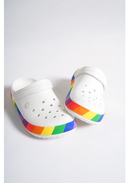 Samesa Beyaz Gökkuşağı Clogs Eva Yazlık Plaj - Günlük Terlik