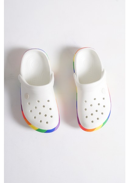 Samesa Beyaz Gökkuşağı Clogs Eva Yazlık Plaj - Günlük Terlik indirimleri