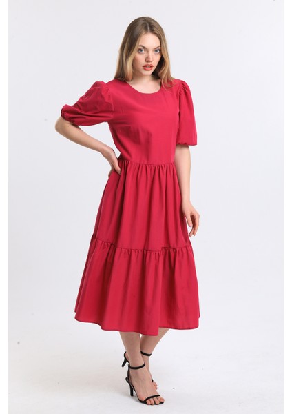 Kısa Kollu Kol Ucu Lastikli Fırfırlı Günlük Elbise | ELB34255 Fuşya modelleri