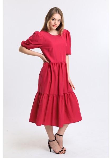 Kısa Kollu Kol Ucu Lastikli Fırfırlı Günlük Elbise | ELB34255 Fuşya fırsatları