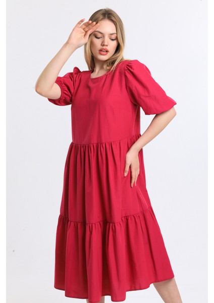 Kısa Kollu Kol Ucu Lastikli Fırfırlı Günlük Elbise | ELB34255 Fuşya indirimleri