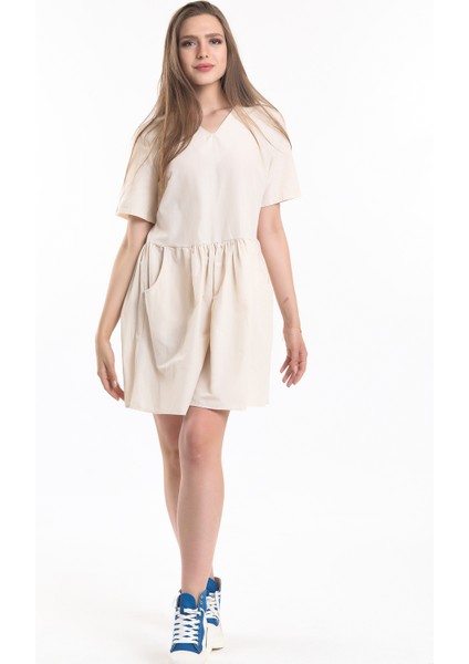 Cep Detaylı Mini Elbise | ELB34254 Bej modelleri