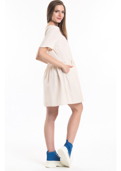 Cep Detaylı Mini Elbise | ELB34254 Bej indirimleri