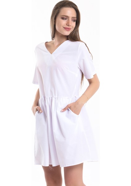 Cep Detaylı Mini Elbise | ELB34254 Ekru