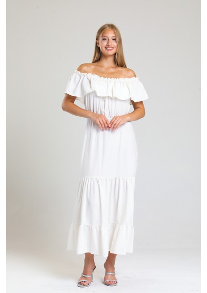 Degaje Yaka Yakası Lastikli Dokuma Viskon Uzun Elbise | ELB34315 Ekru