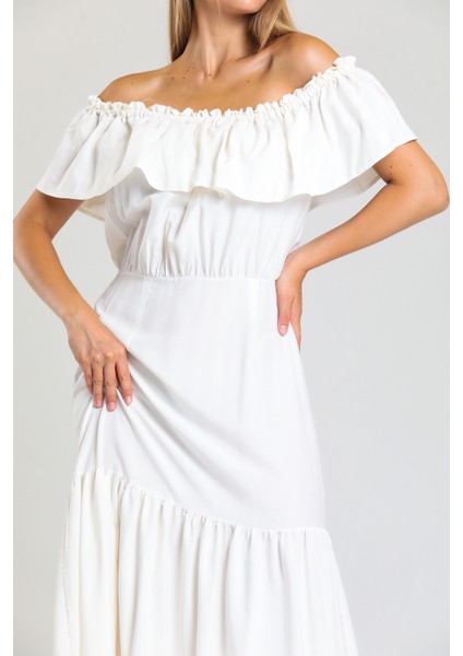 Degaje Yaka Yakası Lastikli Dokuma Viskon Uzun Elbise | ELB34315 Ekru fiyatları