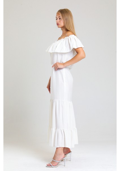 Degaje Yaka Yakası Lastikli Dokuma Viskon Uzun Elbise | ELB34315 Ekru modelleri