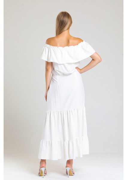 Degaje Yaka Yakası Lastikli Dokuma Viskon Uzun Elbise | ELB34315 Ekru indirimleri