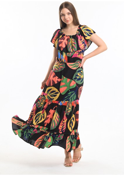 Degaje Yaka Yakası Lastikli Dokuma Viskon Uzun Elbise | ELB34315 Siyah Çiçekli