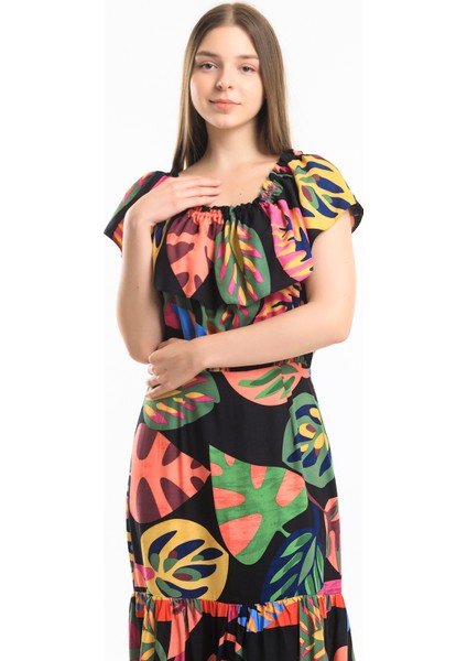 Degaje Yaka Yakası Lastikli Dokuma Viskon Uzun Elbise | ELB34315 Siyah Çiçekli fırsatları