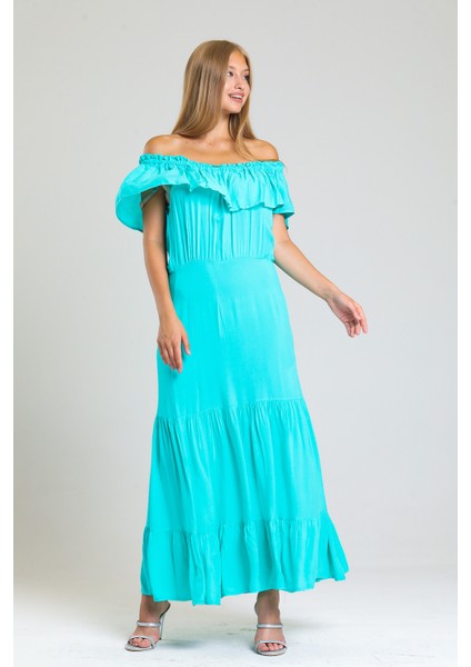 Degaje Yaka Yakası Lastikli Dokuma Viskon Uzun Elbise | ELB34315 Su Yeşili