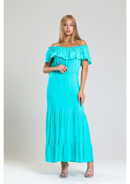 Degaje Yaka Yakası Lastikli Dokuma Viskon Uzun Elbise | ELB34315 Su Yeşili modelleri