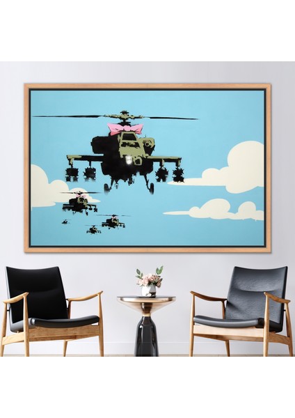 1 Parça Naturel Çerçeveli Kanvas Tablo, Banksy Helikopter, Banksy Helikopter Kanvas Sanatı,