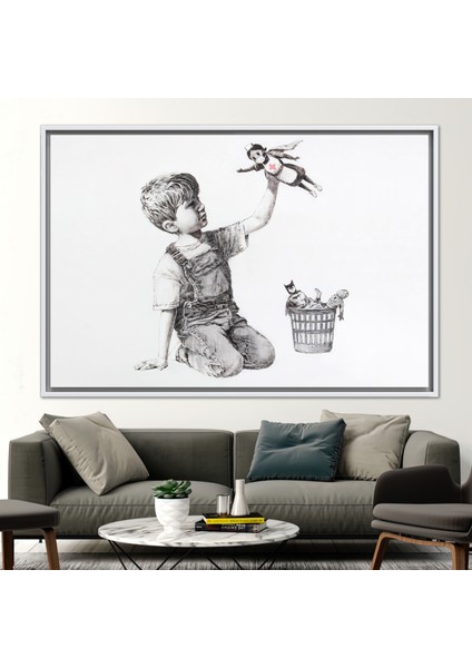 1 Parça Beyaz Çerçeveli Kanvas Tablo, Banksy Child Sanat Eseri, Sokak Sanat, fiyatları