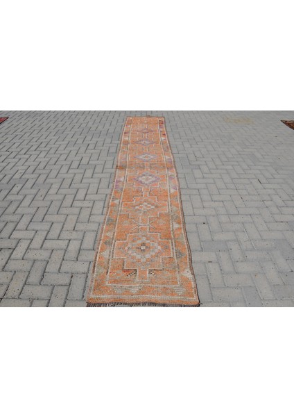 Türk Halısı, Eskitme Halı, Halı, 98X358 cm Turuncu Halı, Bahçe Merdiven Halı, Organik Mutfak Halı,