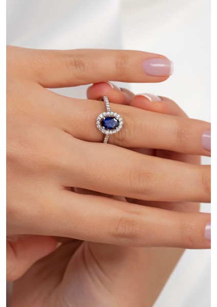 0,62 Karat Pırlantalı Safir 14 Ayar Beyaz Altın Yüzük - Hediyeli modelleri