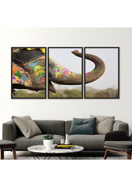 3 Parçalı Siyah Çerçeveli Kanvas Tablo, Safari 3 Boyutlu Kanvas, Renkli Fil Sanat, fiyatları