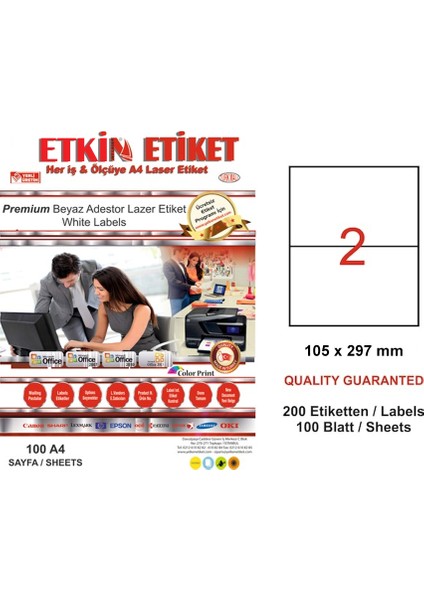 YN5297 Laser Etiket 2 Li 105X297 Beyaz Düz