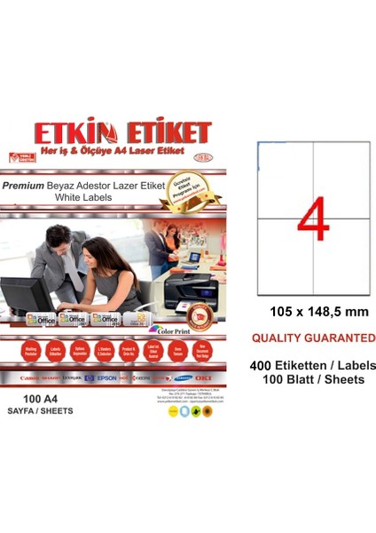 YN5204 Laser Etiket 4 Lü 105X148,5 Beyaz Düz
