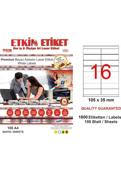 YN5216 Laser Etiket 16 Lı 105X35 Beyaz Düz
