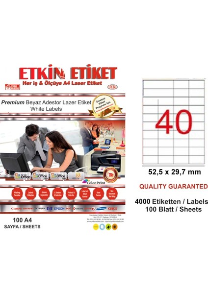 YN5040 Laser Etiket 40 Lı 52,5X29,7 Beyaz Düz