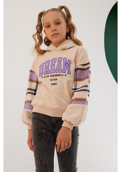 Kız Çocuk Let's Your Dreams Kolu Kürklü Ekose Sweatshirt