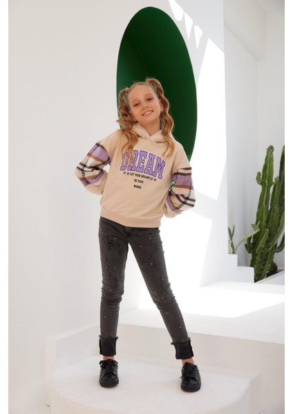 Kız Çocuk Let's Your Dreams Kolu Kürklü Ekose Sweatshirt fiyatları